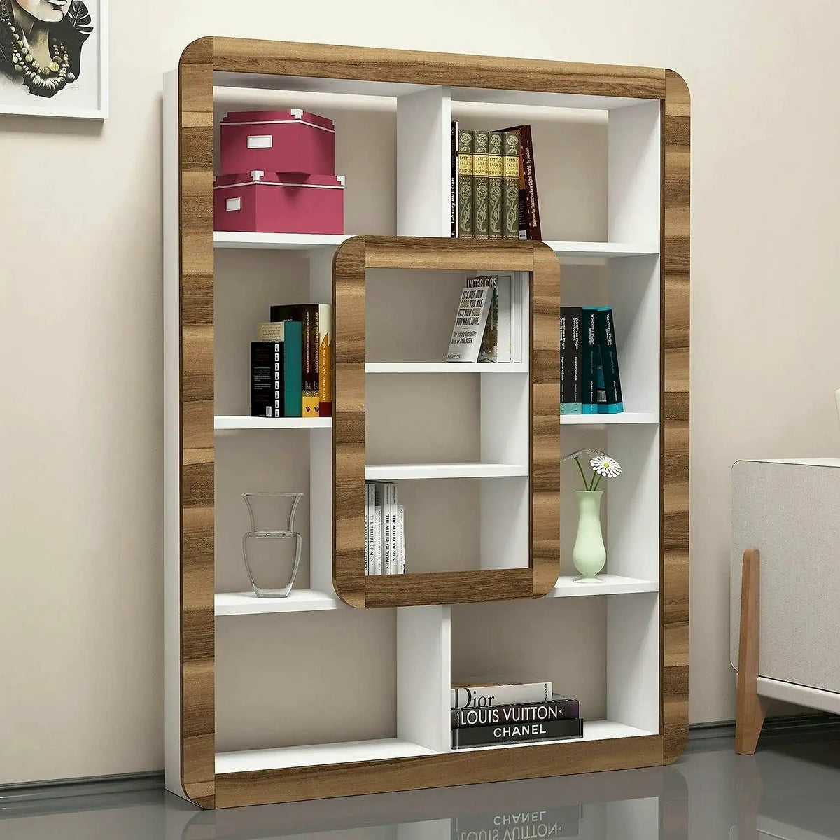 Biblioteca ORKIDE, alb/nuc, PAL melaminat, 108x22x140 cm