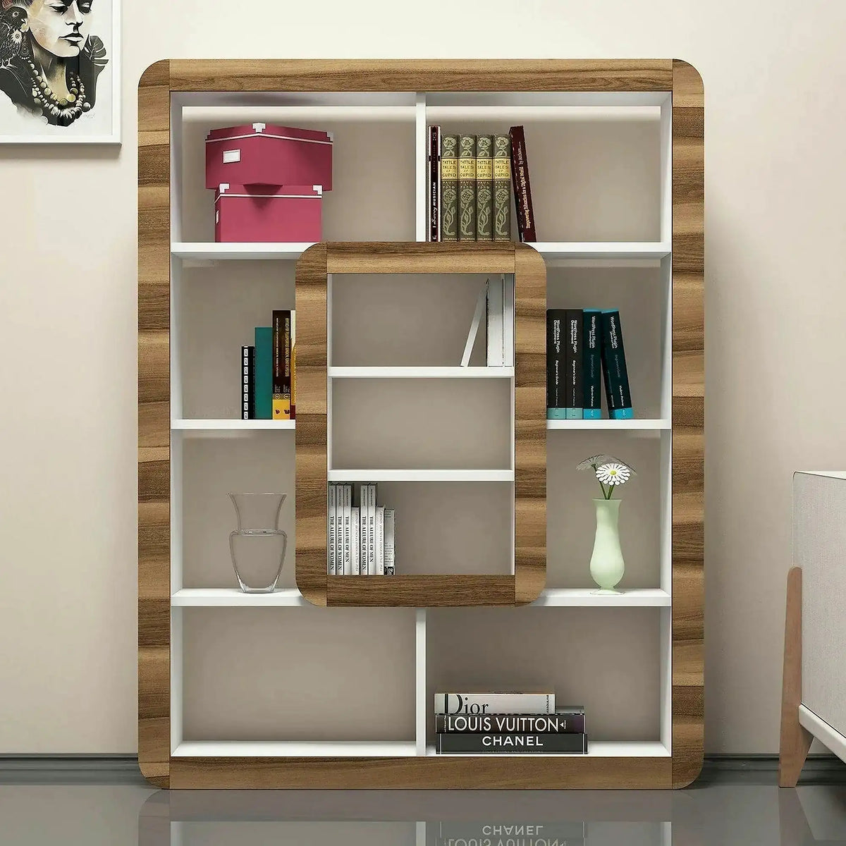 Biblioteca ORKIDE, alb/nuc, PAL melaminat, 108x22x140 cm