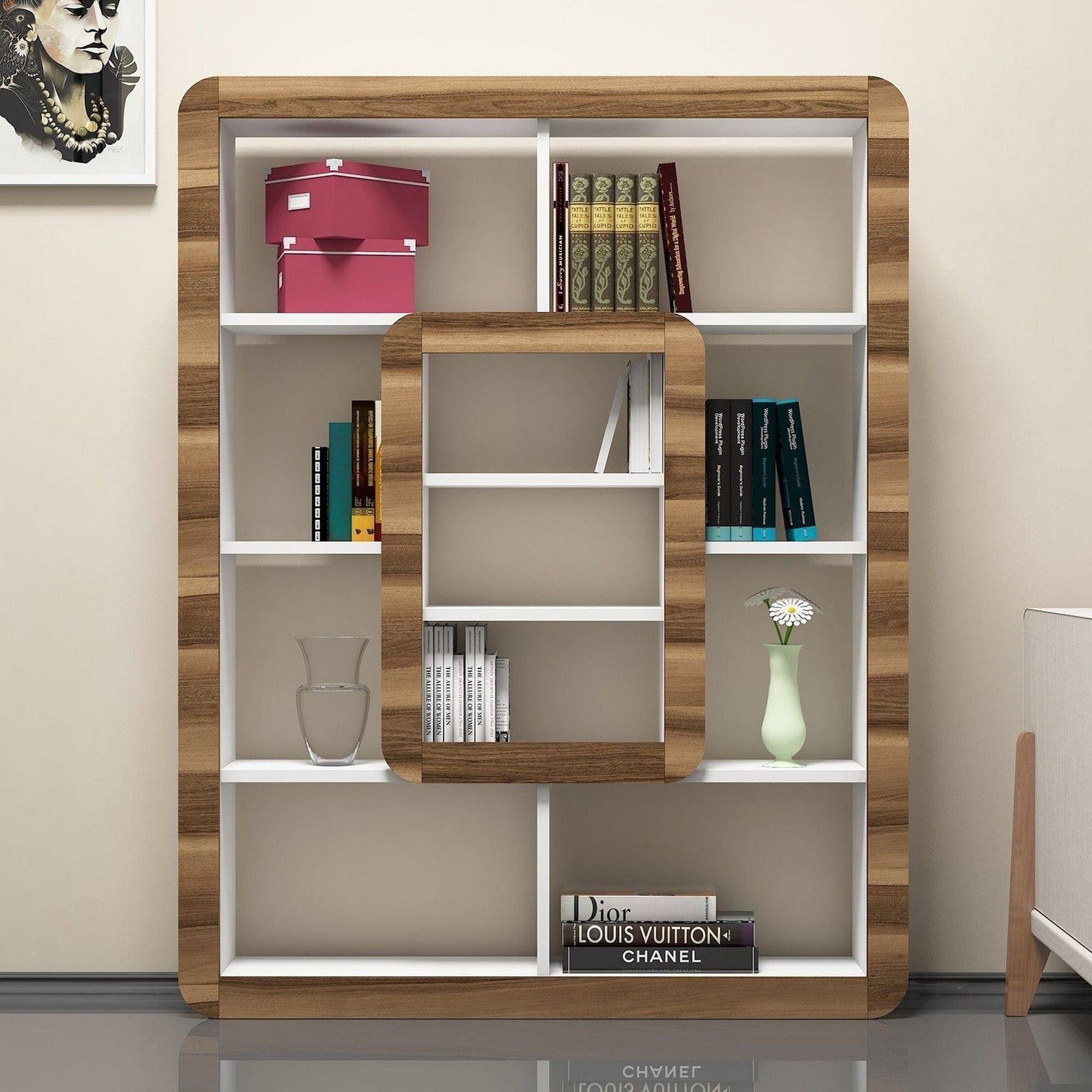 Biblioteca ORKIDE, alb/nuc, PAL melaminat, 108x22x140 cm