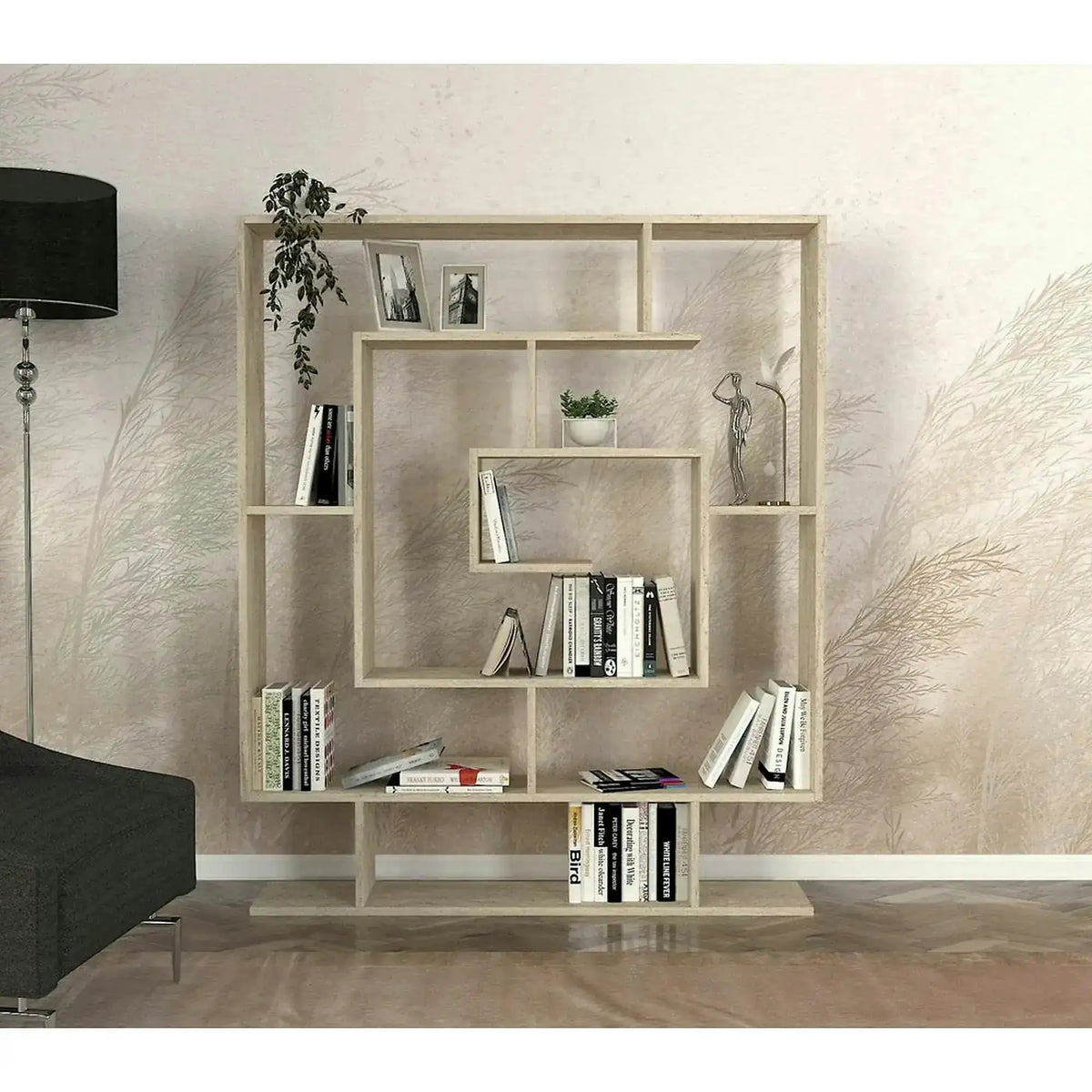Biblioteca SARMASIK, efect de piatra travertin, PAL melaminat, 125x22x150 cm