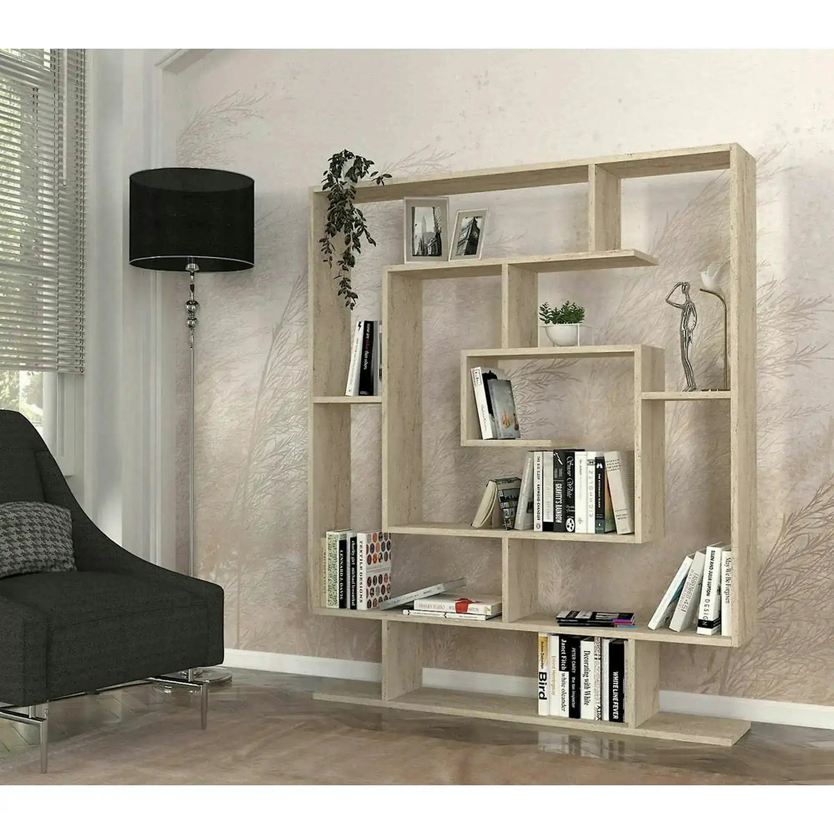 Biblioteca SARMASIK, efect de piatra travertin, PAL melaminat, 125x22x150 cm