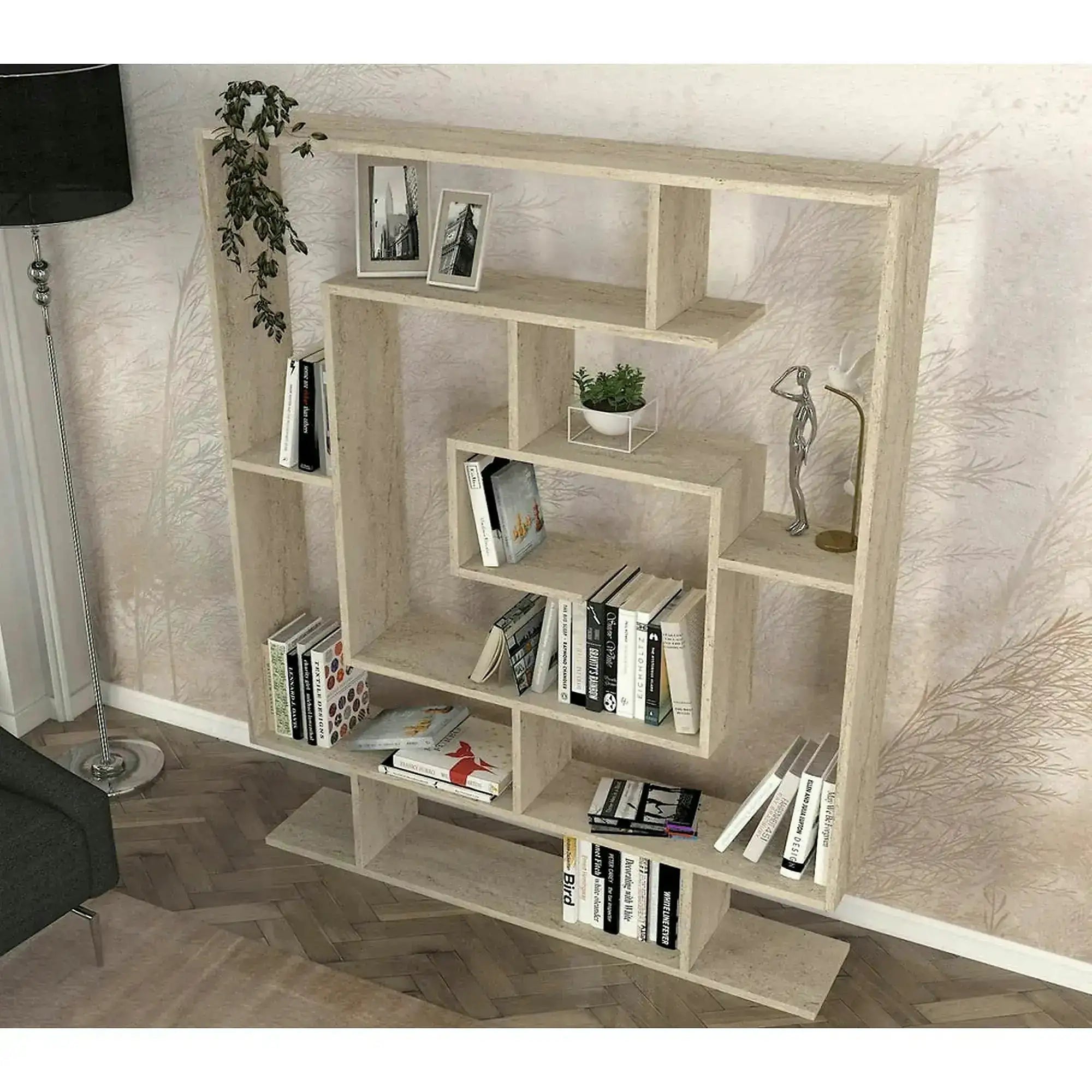 Biblioteca SARMASIK, efect de piatra travertin, PAL melaminat, 125x22x150 cm