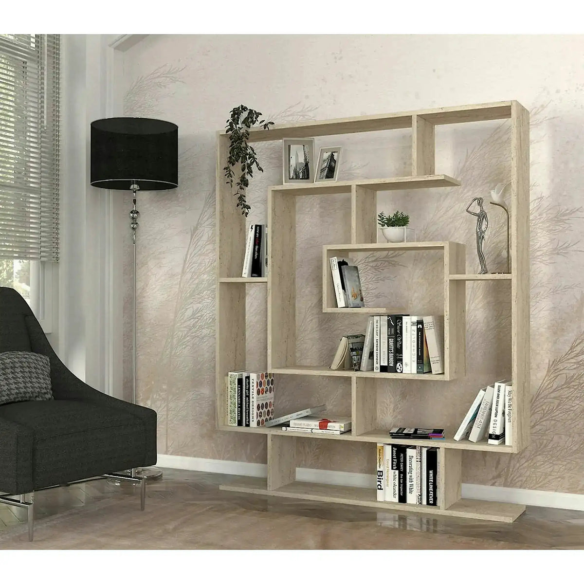Biblioteca SARMASIK, efect de piatra travertin, PAL melaminat, 125x22x150 cm