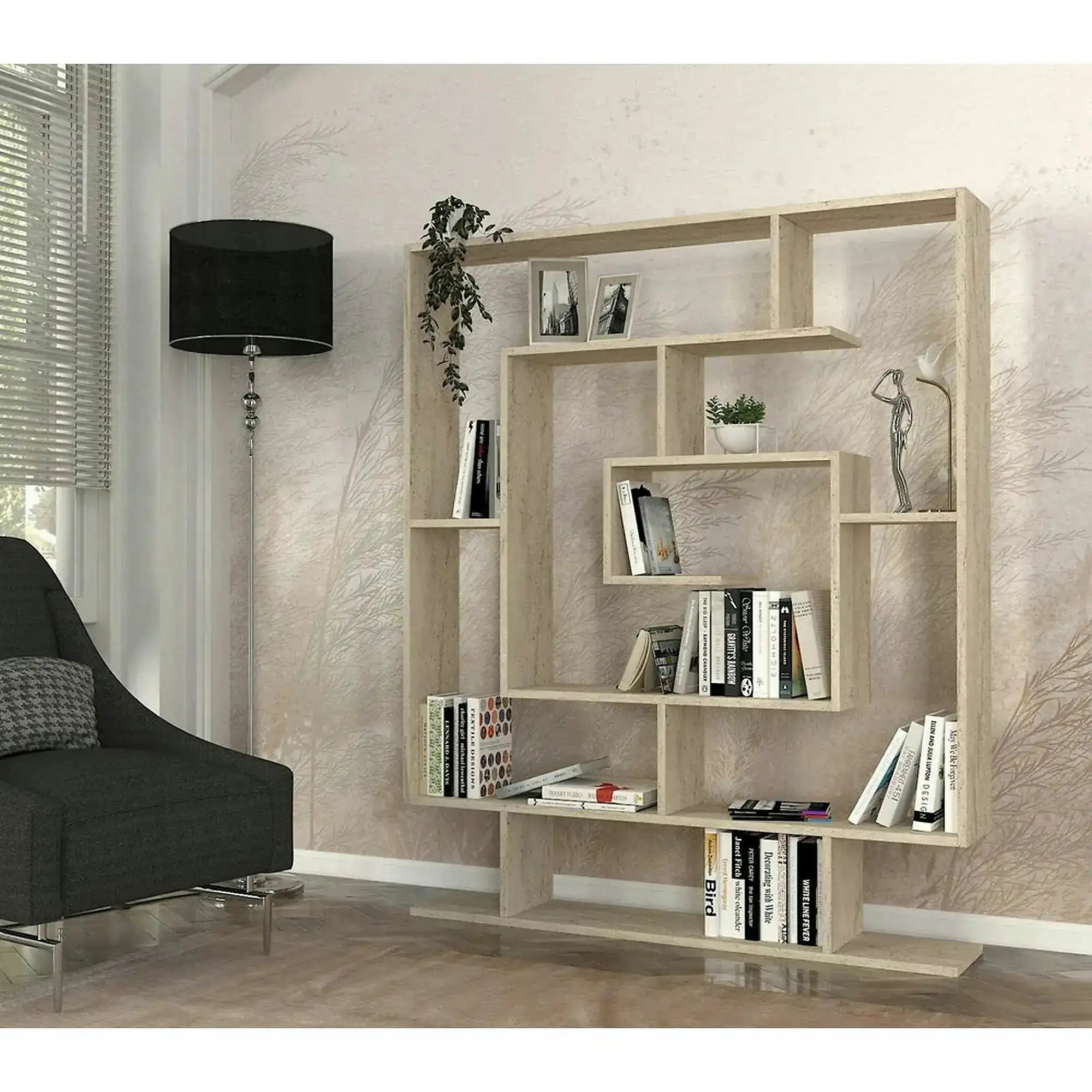 Biblioteca SARMASIK, efect de piatra travertin, PAL melaminat, 125x22x150 cm
