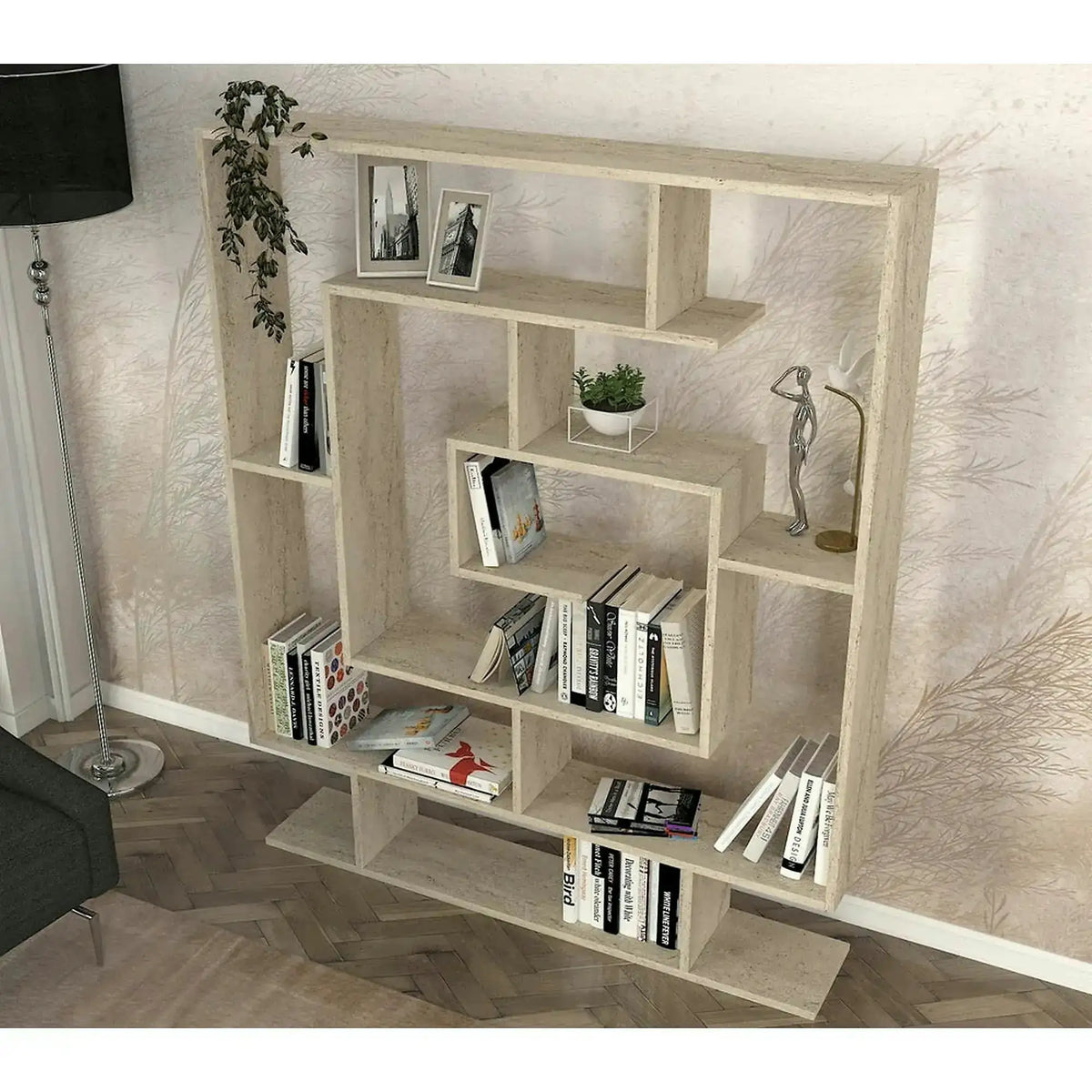 Biblioteca SARMASIK, efect de piatra travertin, PAL melaminat, 125x22x150 cm