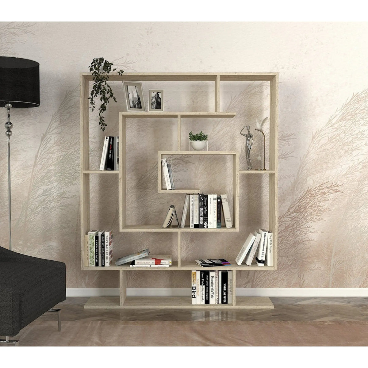 Biblioteca SARMASIK, efect de piatra travertin, PAL melaminat, 125x22x150 cm