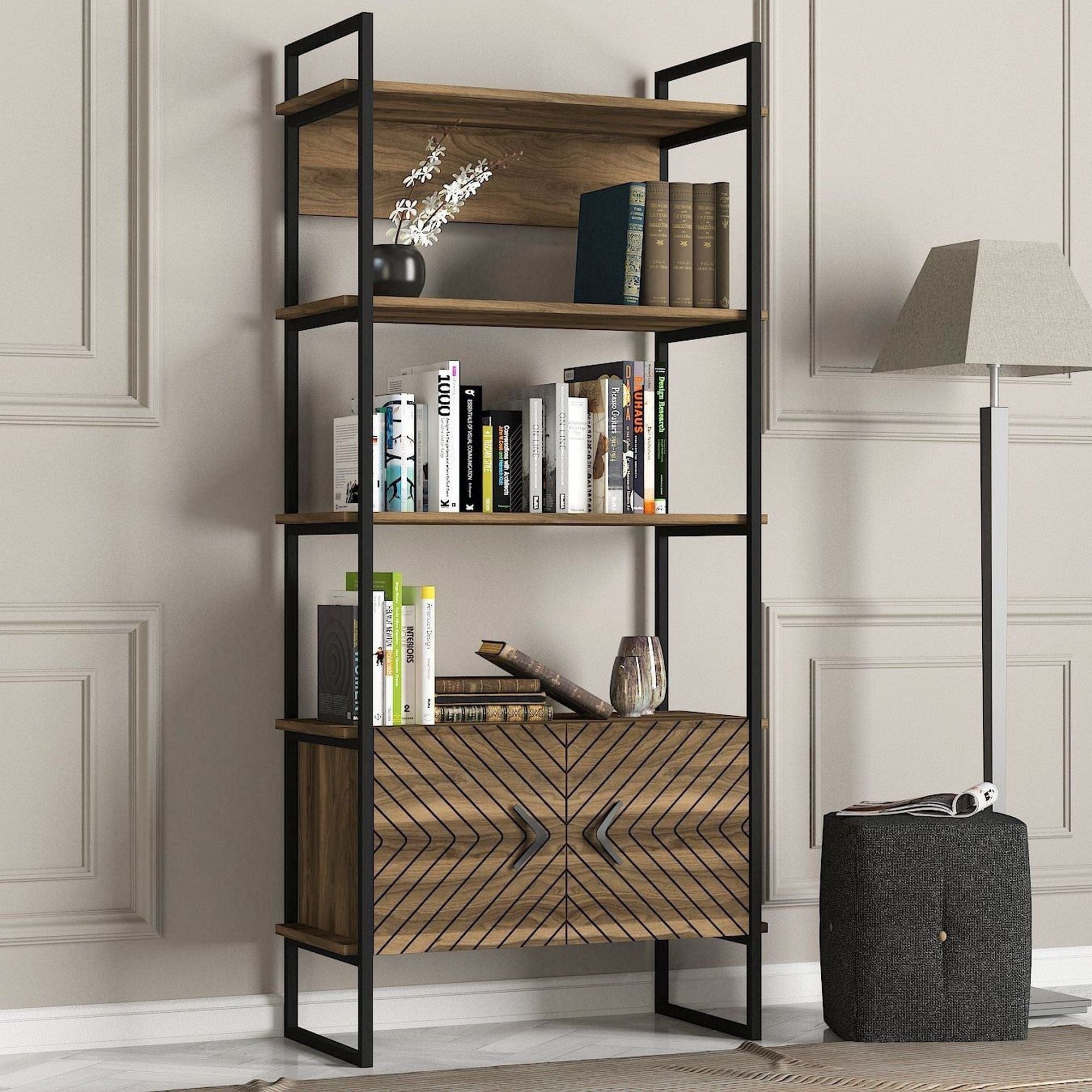 Biblioteca SCALA, nuc/negru, PAL melaminat/metal, 90x39x180 cm