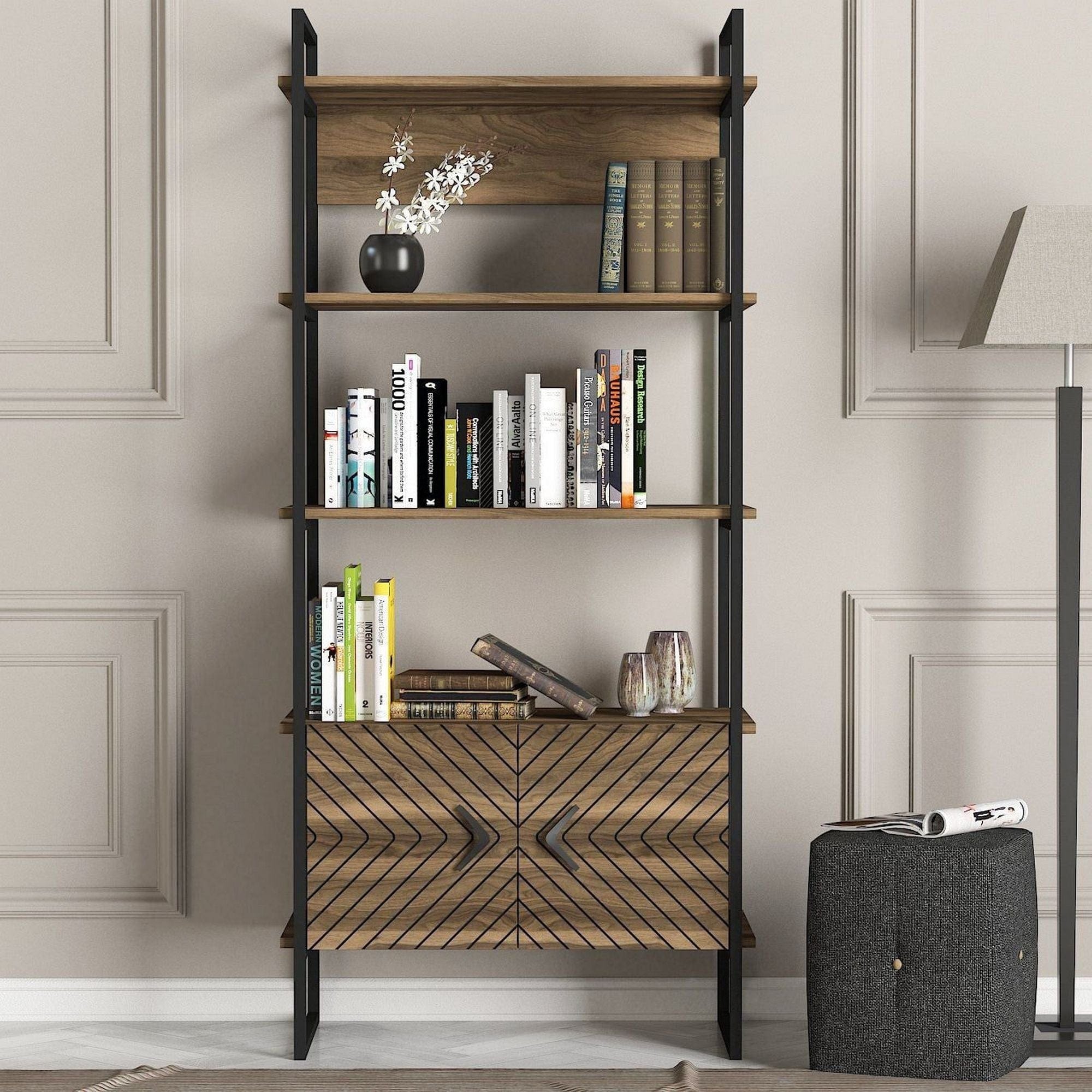 Biblioteca SCALA, nuc/negru, PAL melaminat/metal, 90x39x180 cm