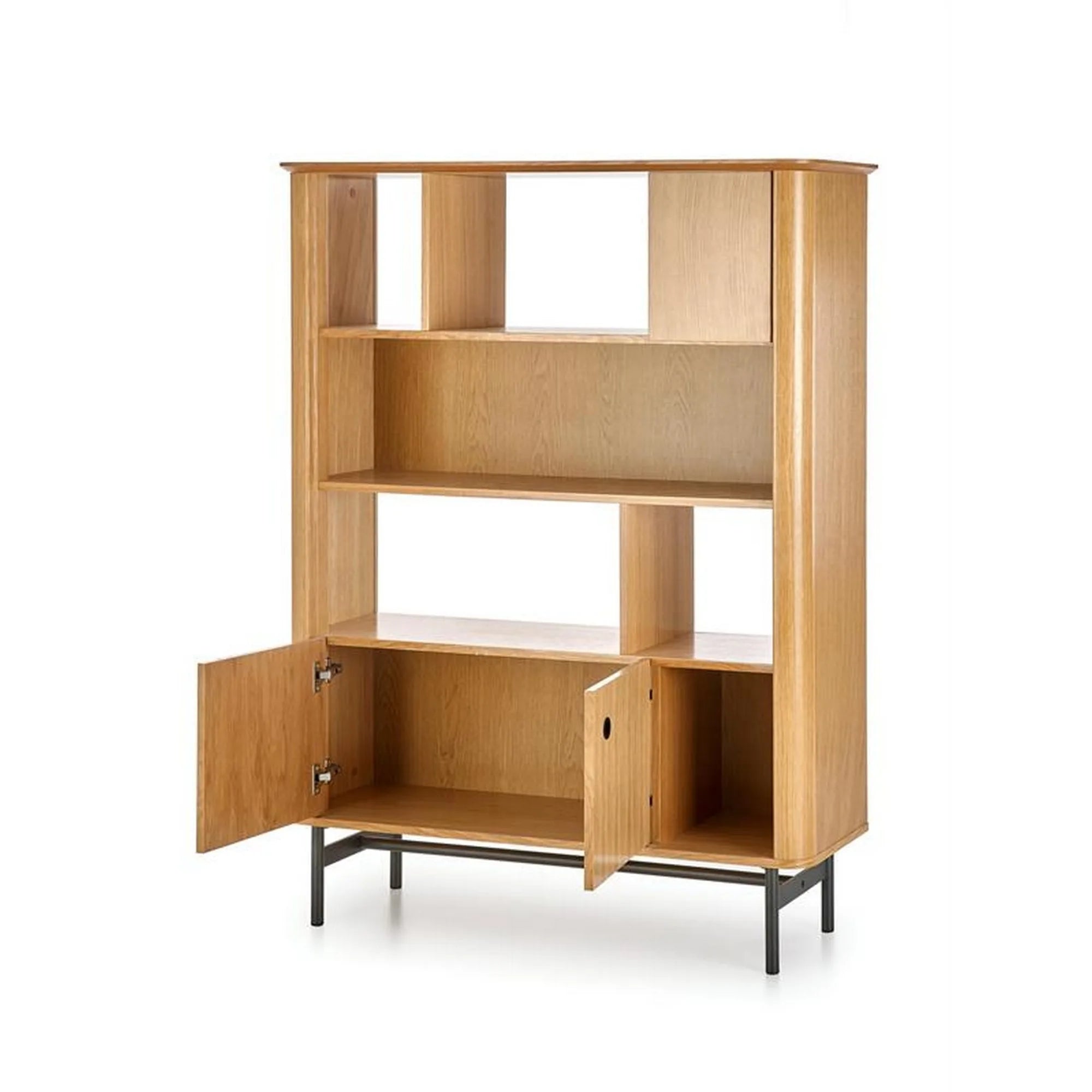 Biblioteca SMART, stejar/negru, PAL/furnir/metal, 117x37x153 cm