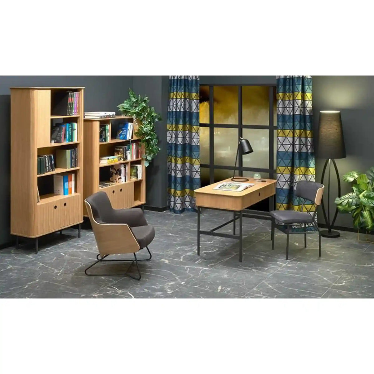 Biblioteca SMART, stejar/negru, PAL/furnir/metal, 97x37x196 cm