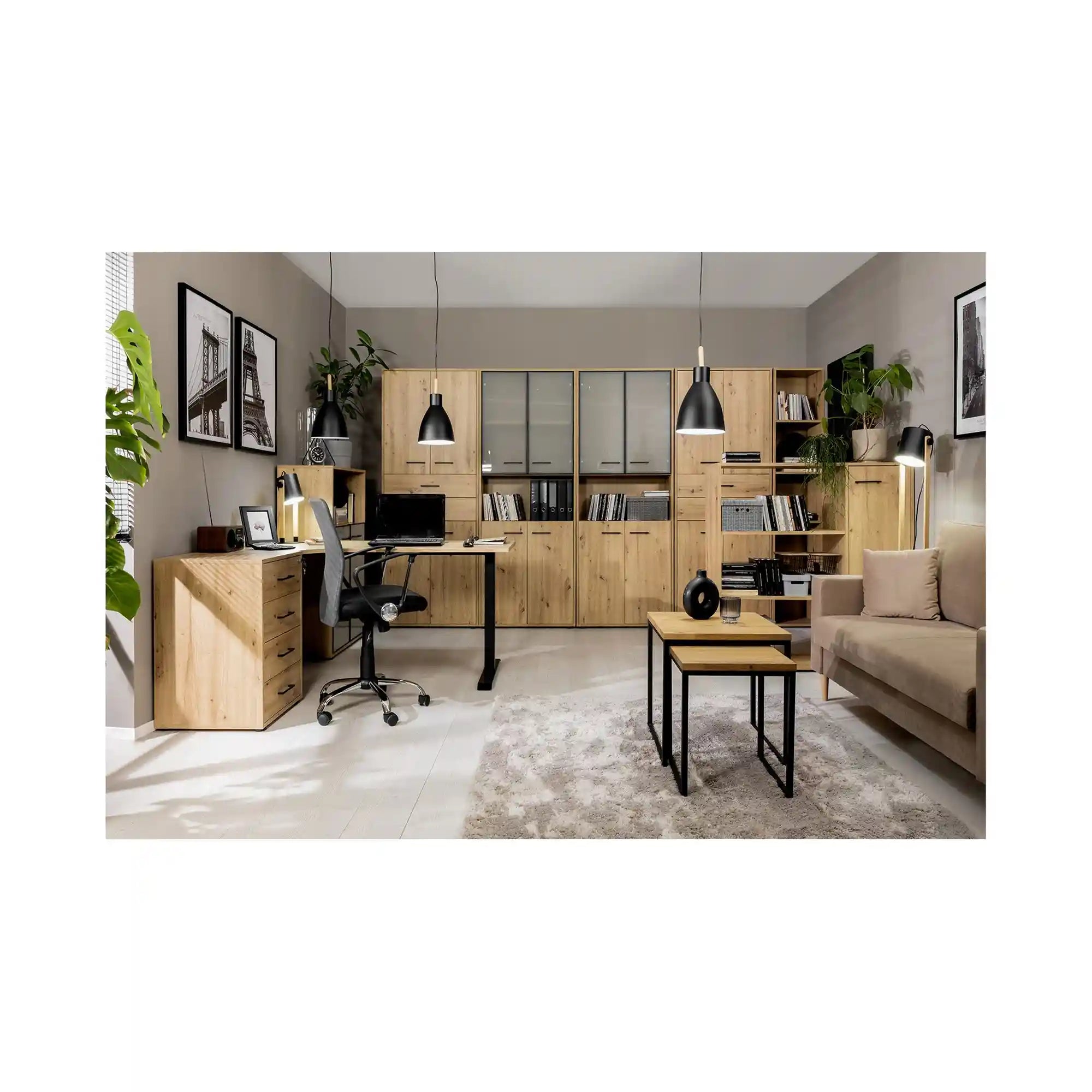 Biblioteca SPACE OFFICE, stejar artisan/negru, PAL laminat, 120x37x122 cm