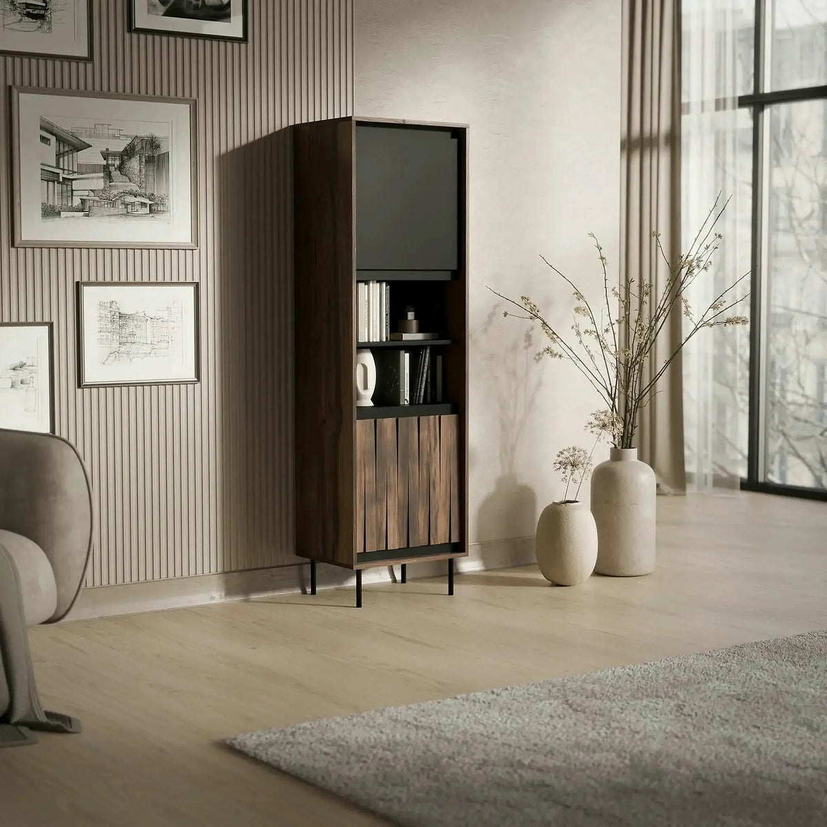 Biblioteca SWING W-1, nuc/negru, PAL laminat/metal, 53x40x179 cm