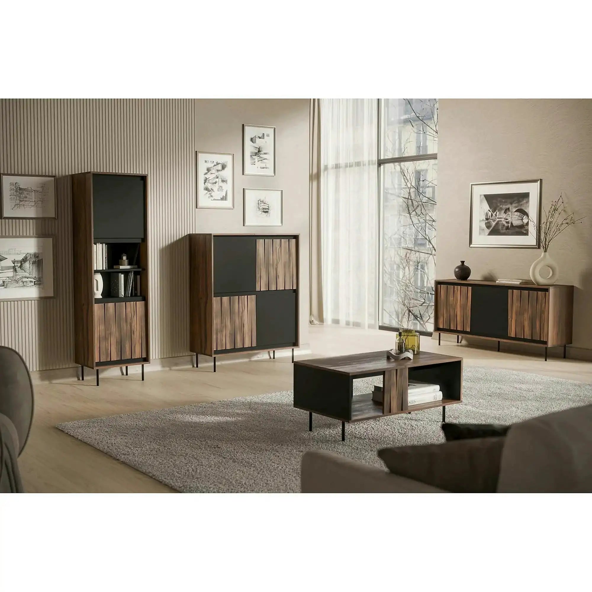 Biblioteca SWING W-1, nuc/negru, PAL laminat/metal, 53x40x179 cm