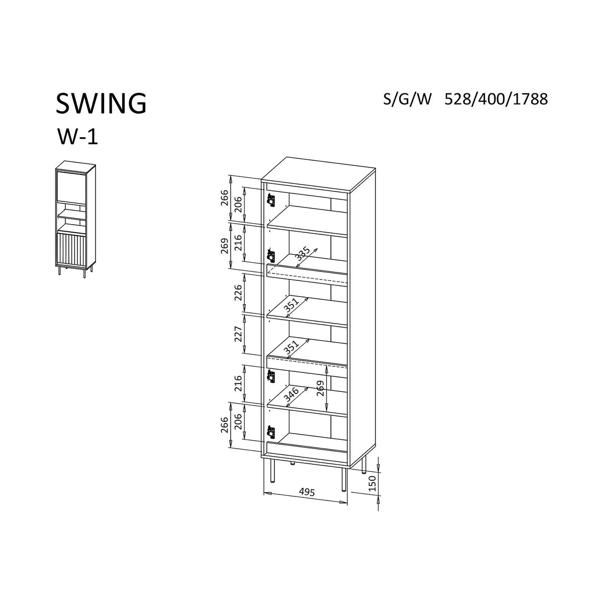 Biblioteca SWING W-1, nuc/negru, PAL laminat/metal, 53x40x179 cm