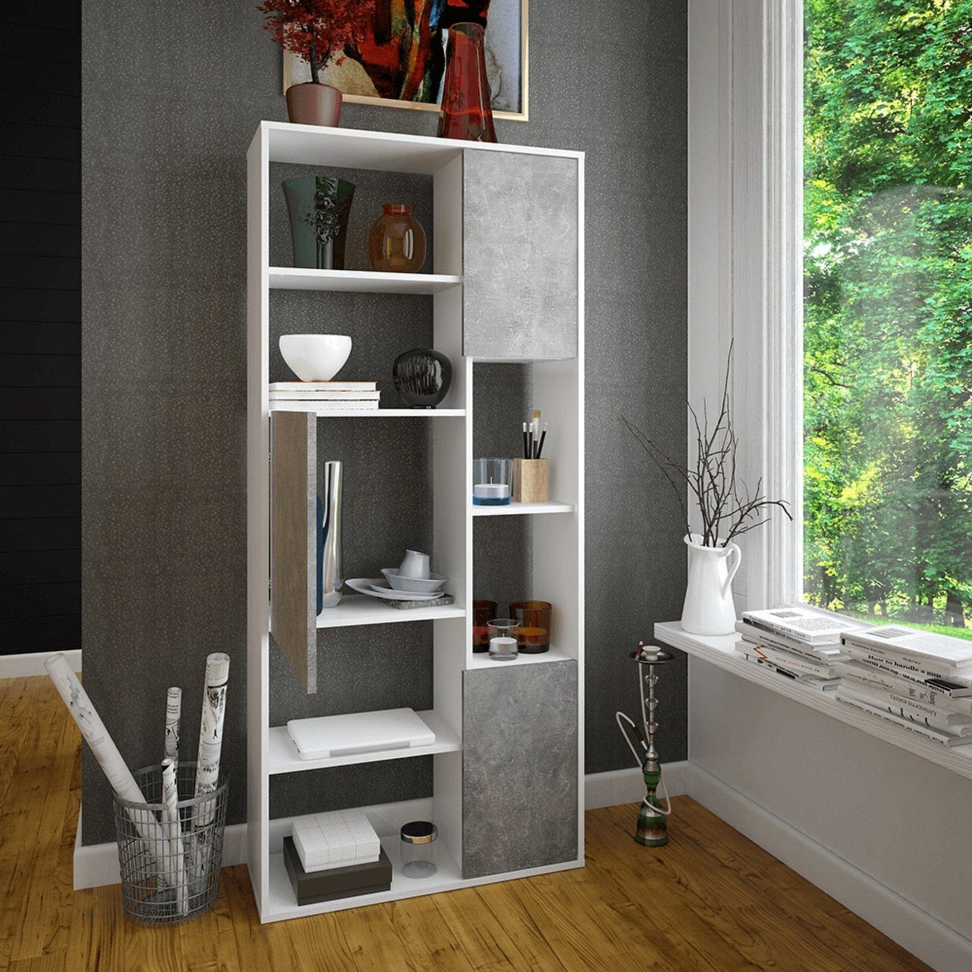 Biblioteca ULIMI, alb/gri beton, DTD laminat, 80x30x180 cm