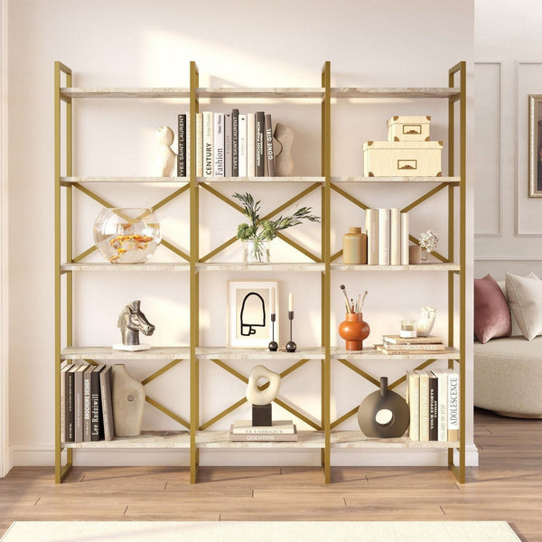 Biblioteca VG6-GE, alb cu efect de marmura/auriu,  PAL melaminat, 170x30x175 cm