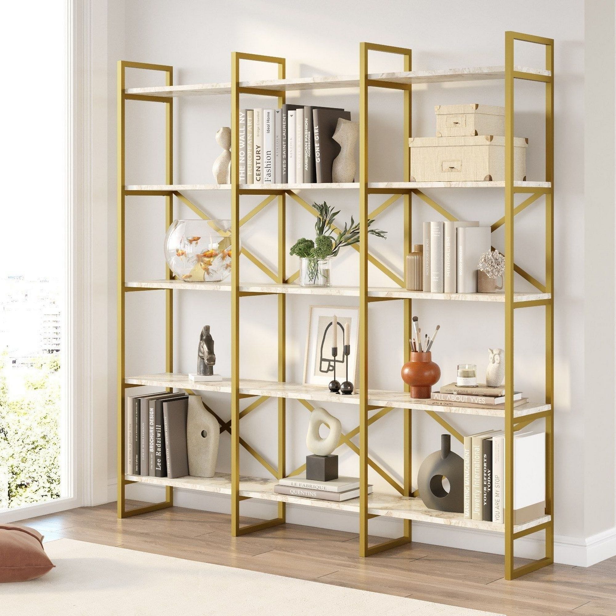 Biblioteca VG6-GE, alb cu efect de marmura/auriu,  PAL melaminat, 170x30x175 cm