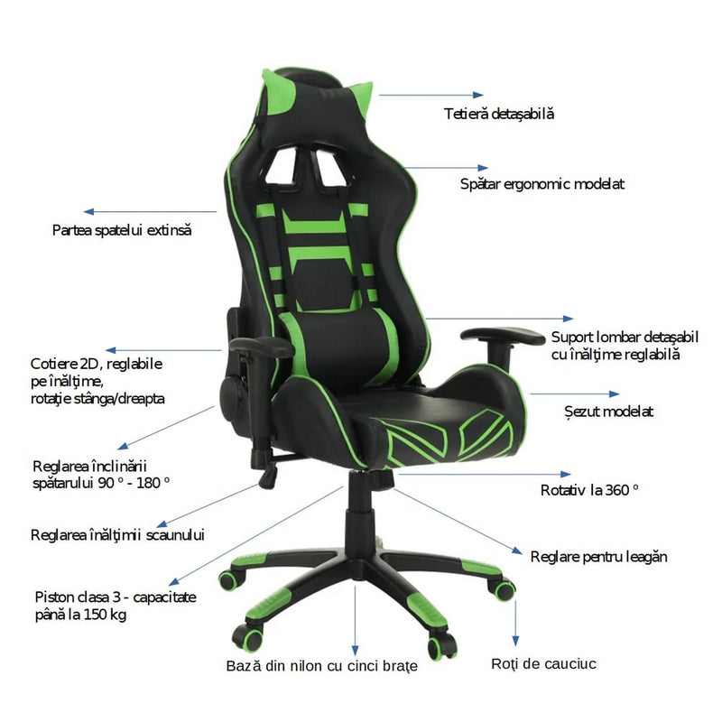 Scaun gaming BILGI, negru/verde, piele ecologica/plastic, 62x78x102/130 cm