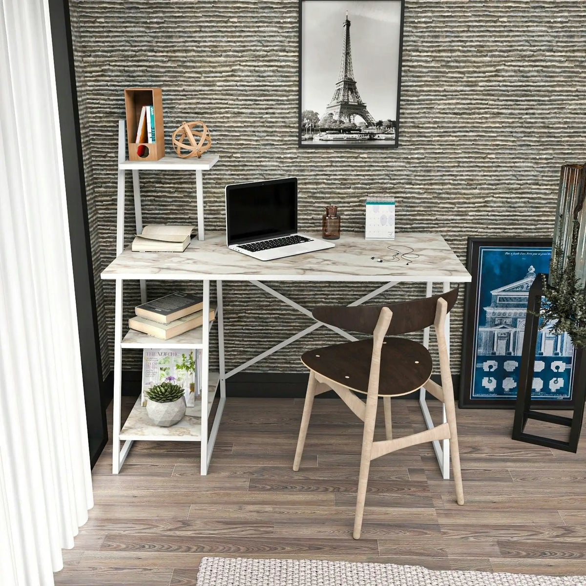 Birou ADMIRA, bej cu efect de marmura/alb, PAL melaminat/metal, 120x60x120 cm