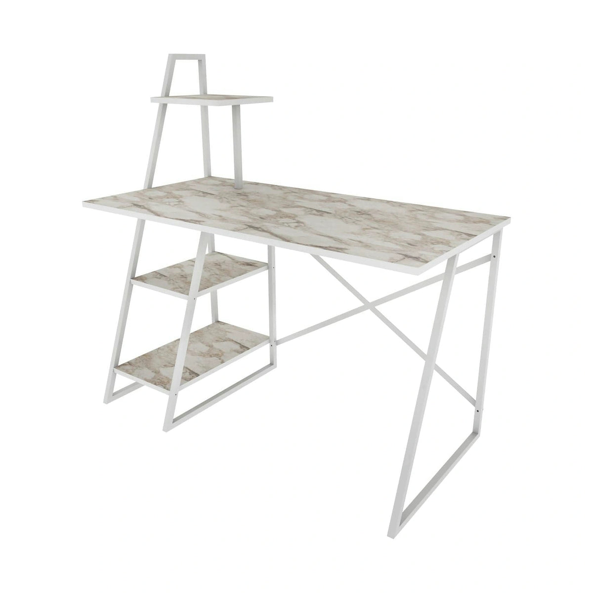 Birou ADMIRA, bej cu efect de marmura/alb, PAL melaminat/metal, 120x60x120 cm