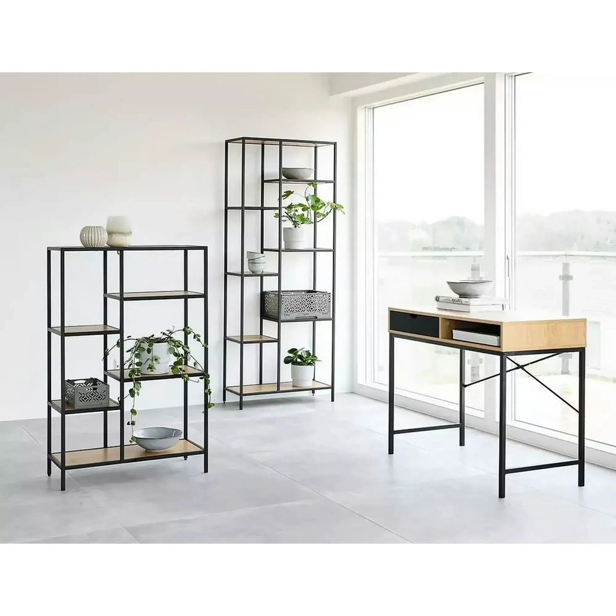 Birou B-027, stejar/negru, PAL/metal, 95x48x76 cm