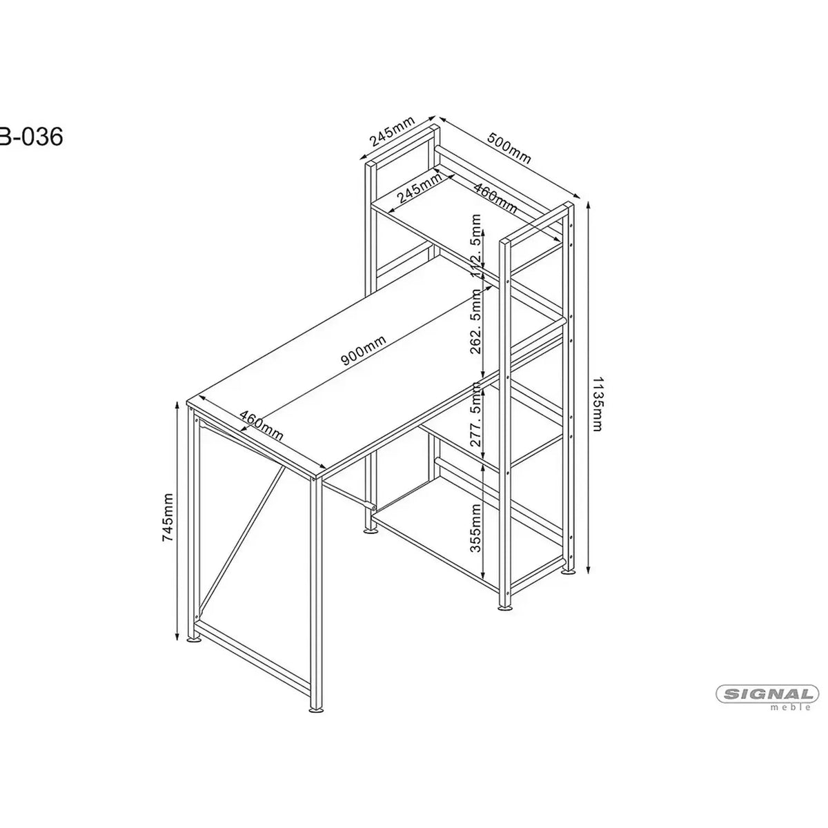 Birou B-036, stejar/negru, PAL/metal, 90x50x76/114 cm