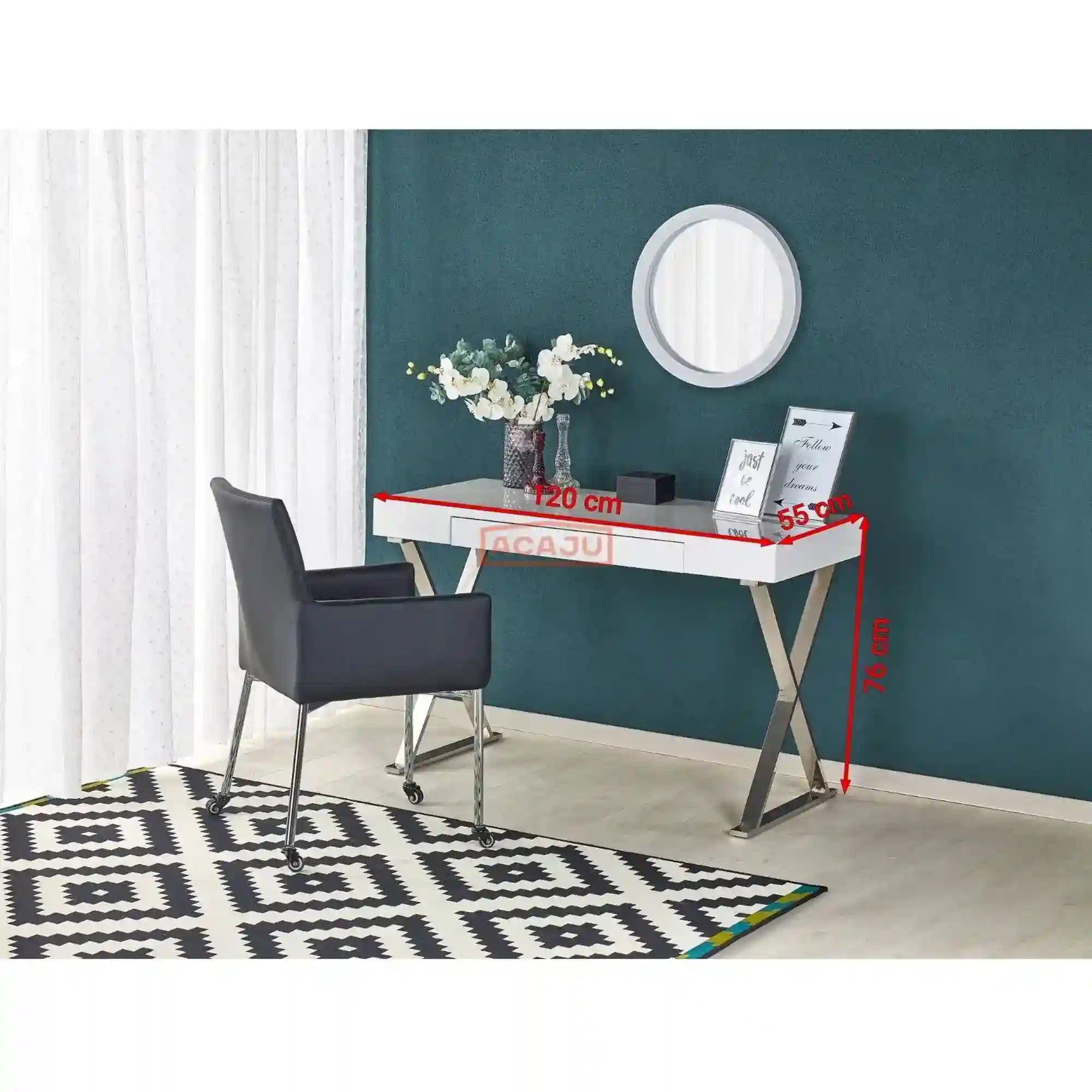 Birou B31, alb lucios/crom, 120x55x76 cm