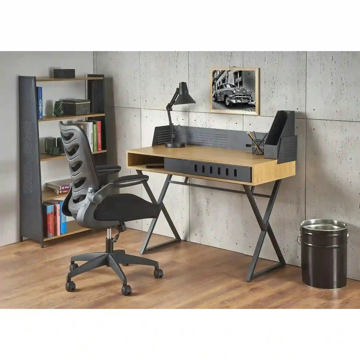 Birou B43, stejar/negru, 110x51x90 cm