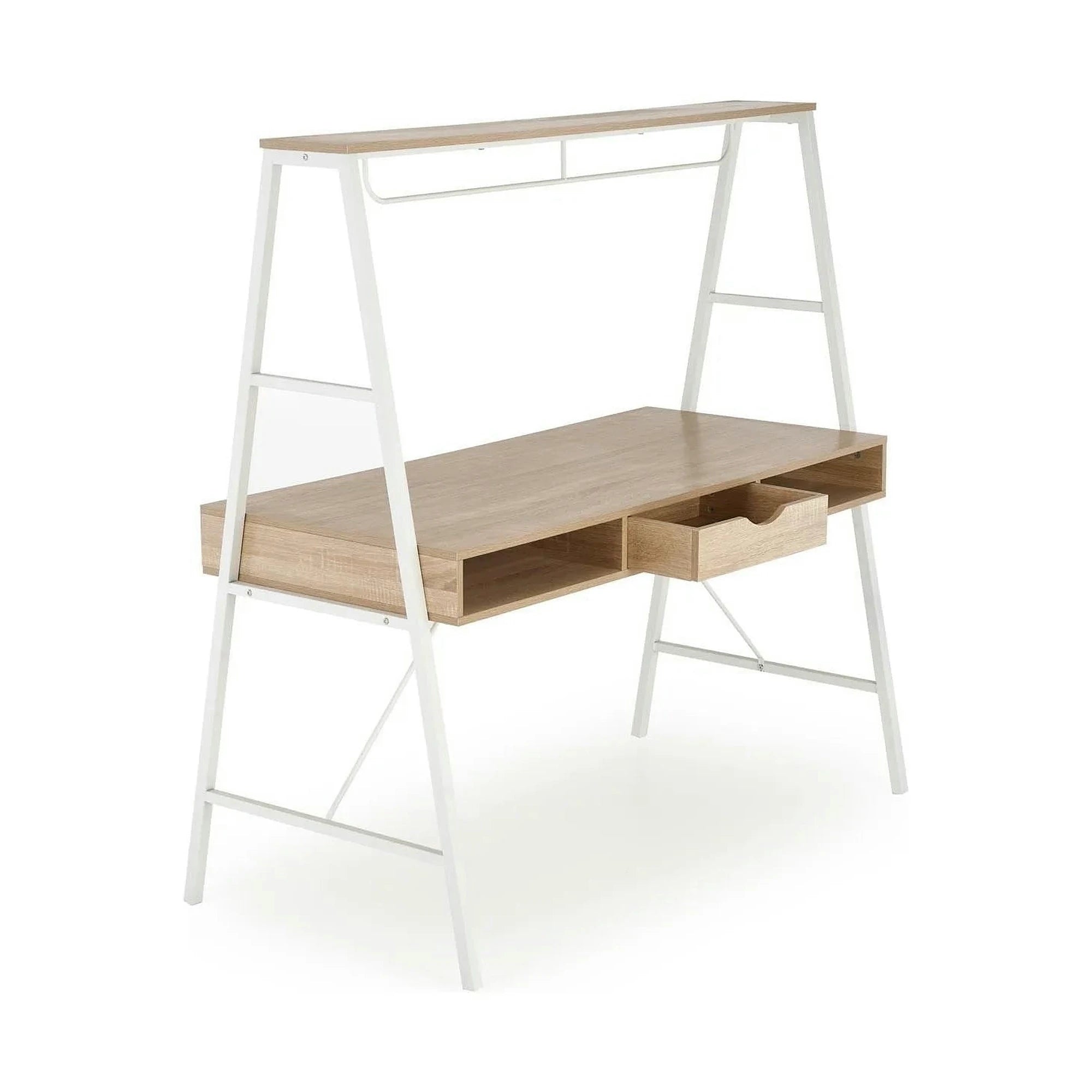 Birou B48, stejar sonoma/alb, furnir melaminat/metal, 139x60x140 cm