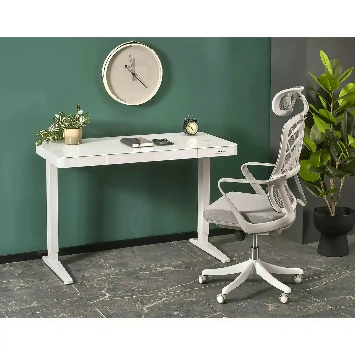 Birou B52, alb, sticla/metal, 120x60x77/120 cm