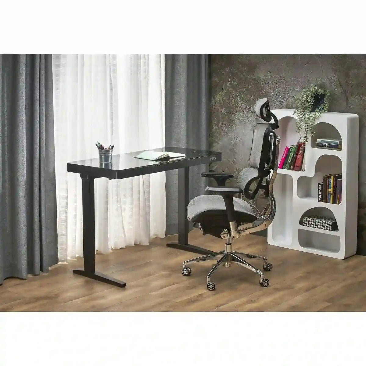 Birou B52, negru, sticla/metal, 120x60x77/120 cm