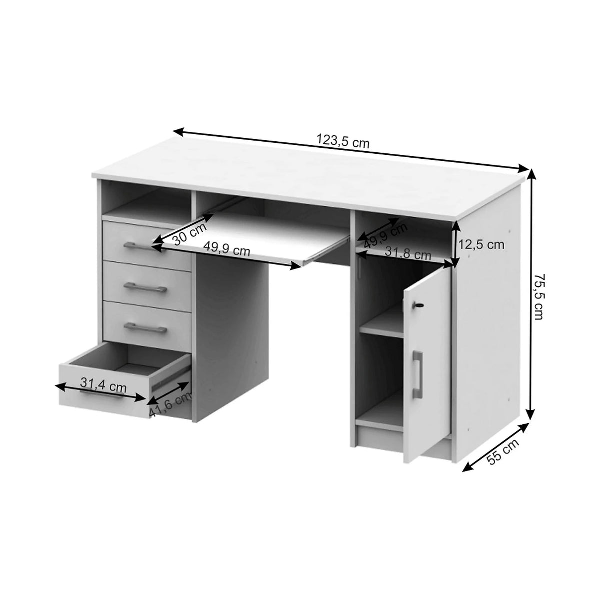 Birou B9 NEW, alb, DTD laminat, 124x55x76 cm