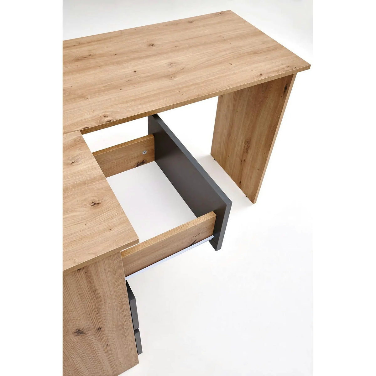 Birou BEGA, stejar artisan/gri grafit, PAL laminat, 124x85x76 cm