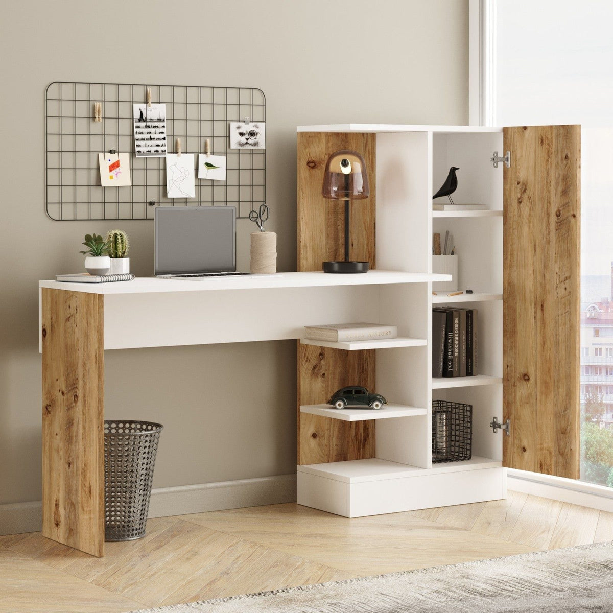 Birou CT2 AW, alb/pin atlantic, PAL melaminat, 152x40x120 cm