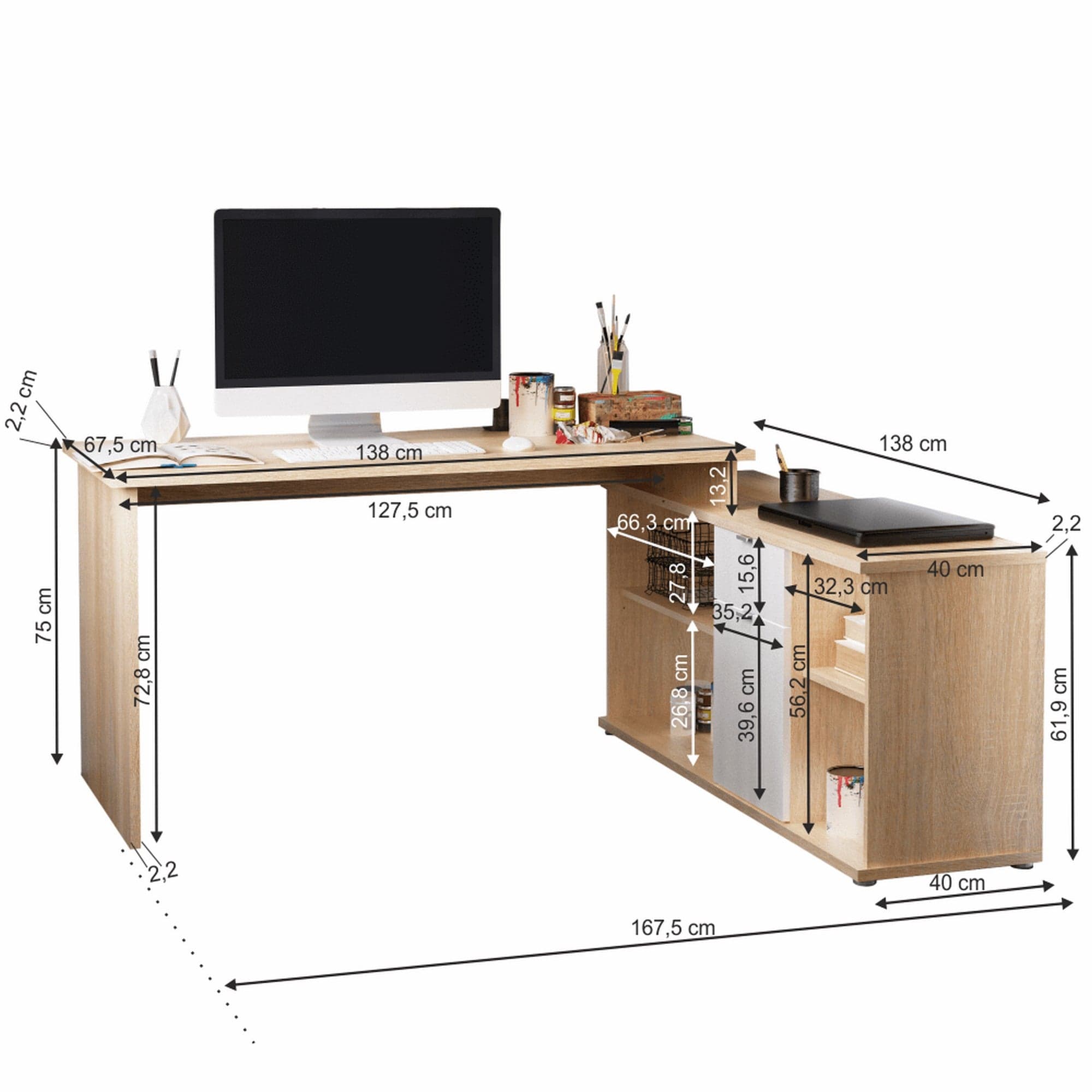 Birou DALTON 2 NEW VE 02, stejar sonoma/alb, PAL melaminat, 168x138x75 cm