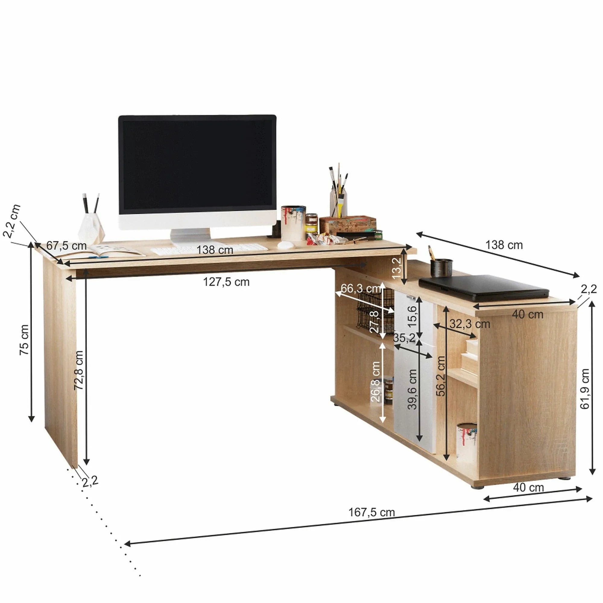 Birou DALTON 2 NEW VE 02, stejar sonoma/alb, PAL melaminat, 168x138x75 cm