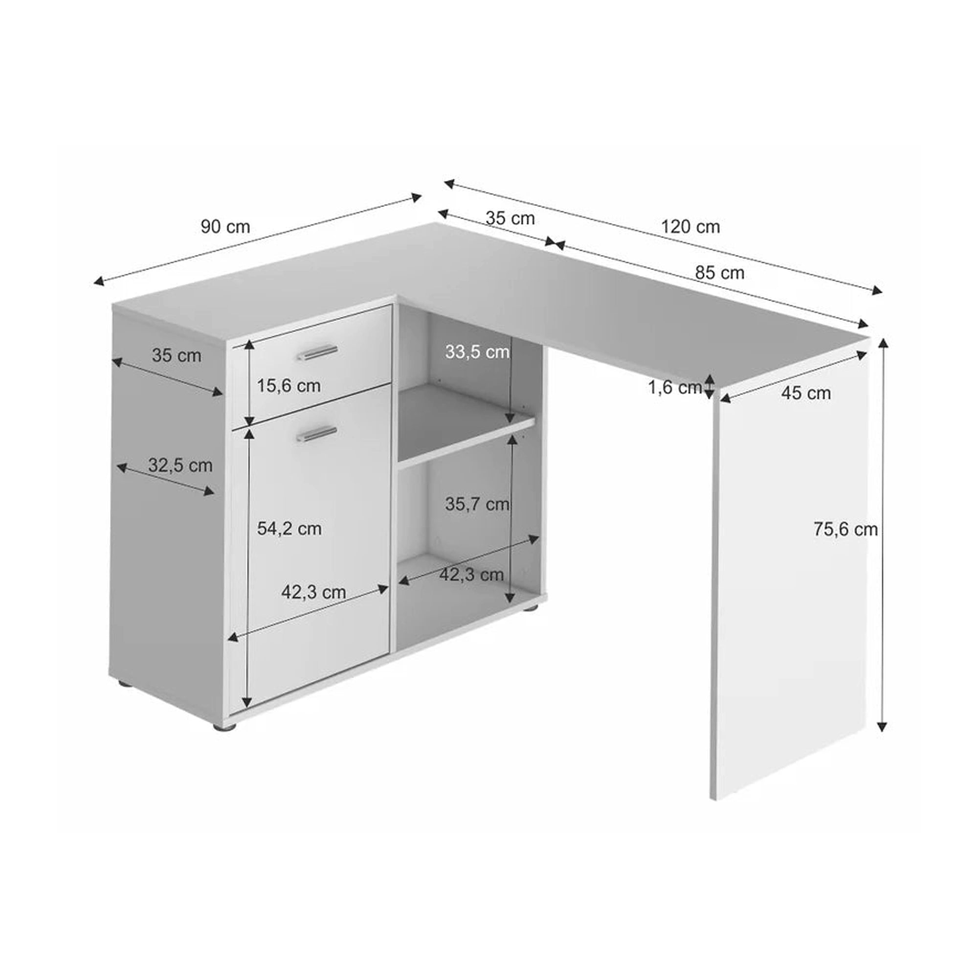 Birou de colt KALIMERO, alb, PAL melaminat, 120x90x76 cm
