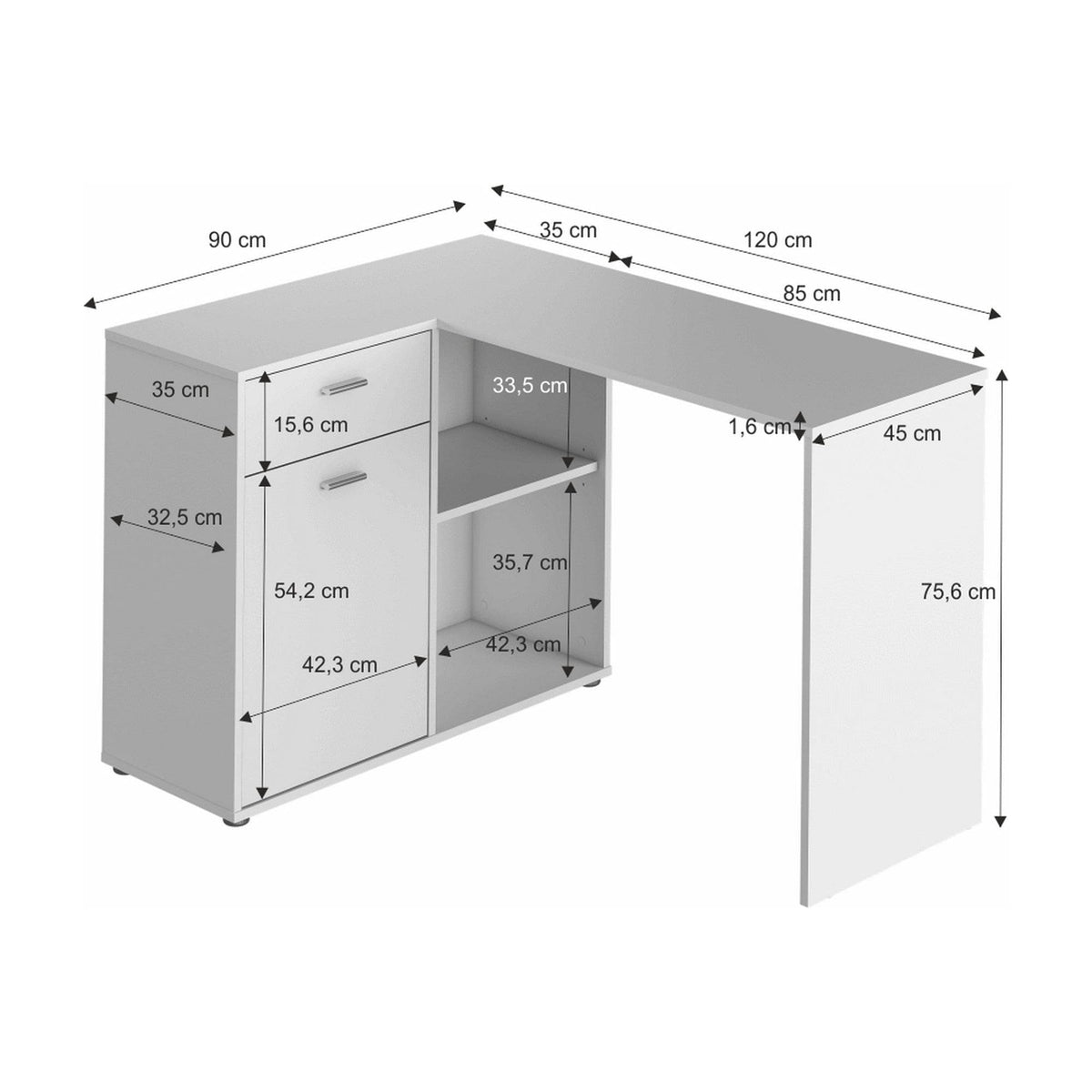 Birou de colt KALIMERO, alb, PAL melaminat, 120x90x76 cm