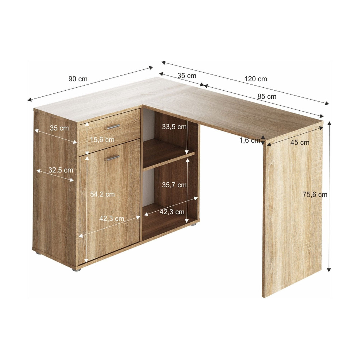 Birou de colt KALIMERO, stejar sonoma, PAL melaminat, 120x90x76 cm
