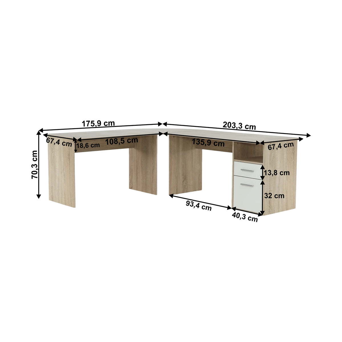 Birou de colt MAURUS NEW MA11, stejar sonoma/alb, PAL melaminat, 176/203x67x70 cm