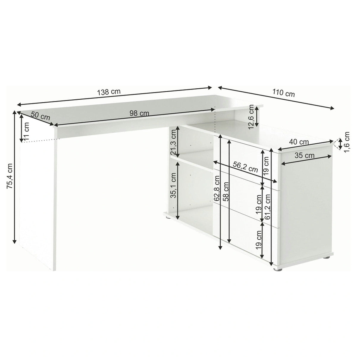 Birou de colt TERINO, alb, PAL laminat, 138x50/110x75 cm