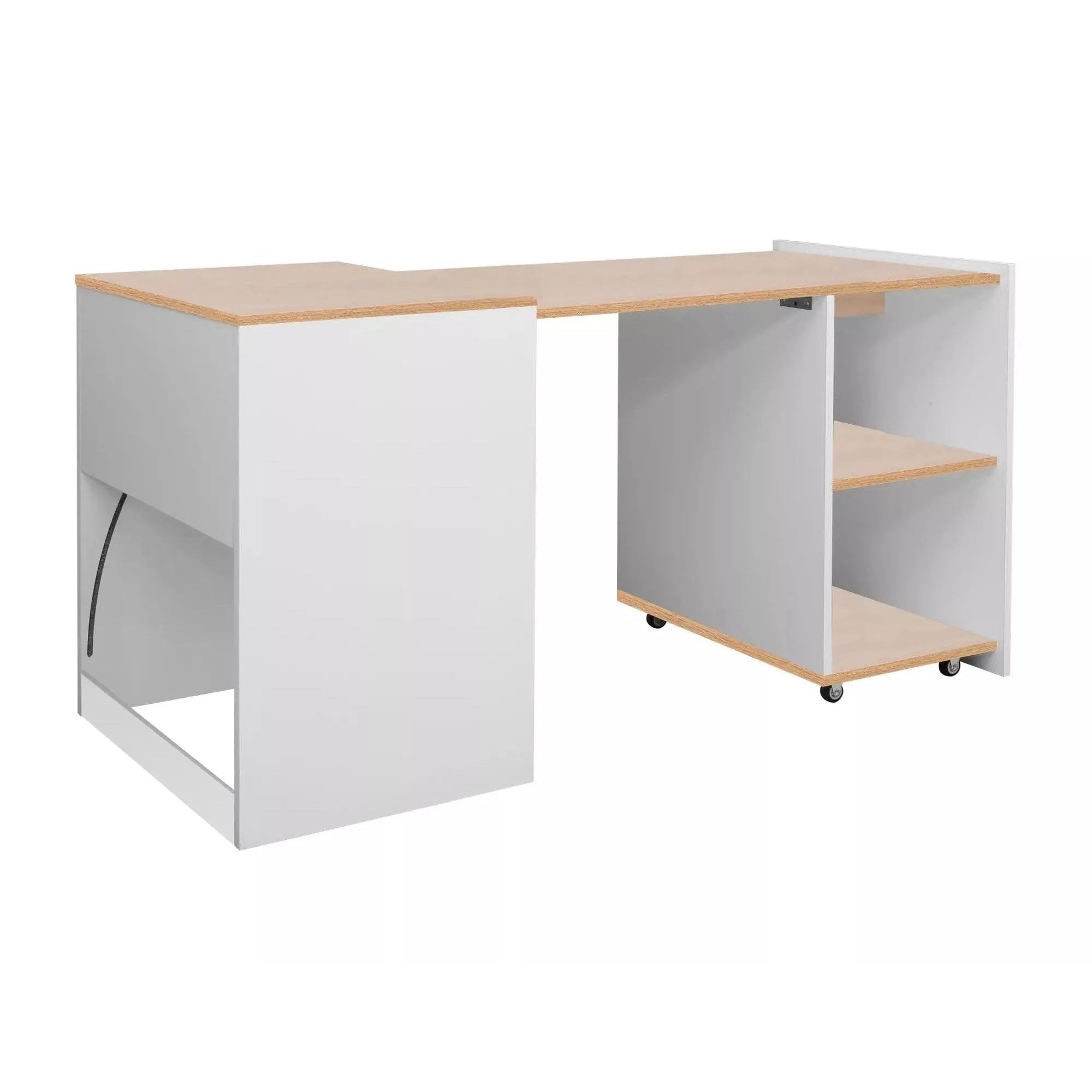 Birou DUO, alb/stejar, PAL laminat, 46-140x60x72 cm