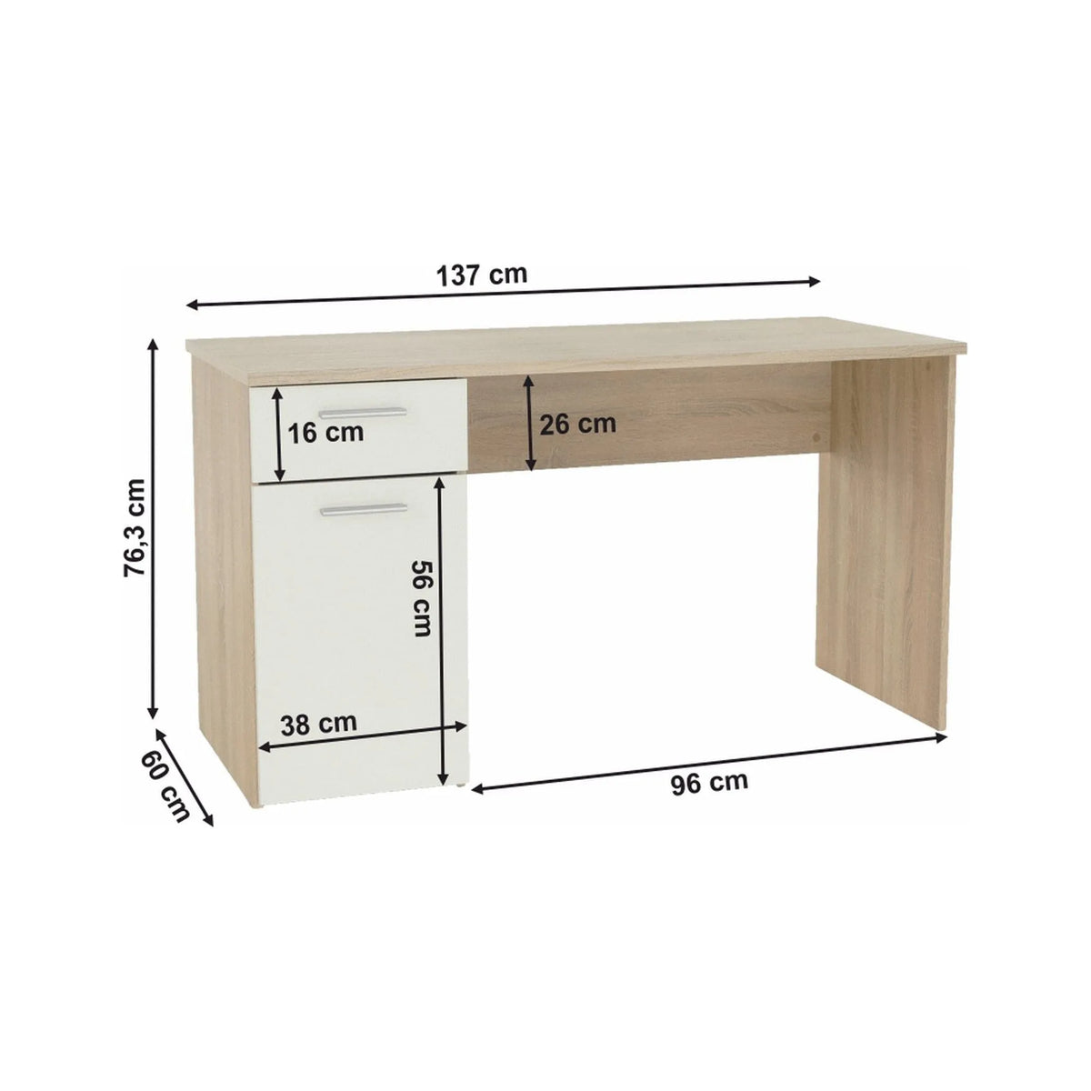 Birou EGON, stejar sonoma/alb, PAL melaminat, 137x60x76 cm