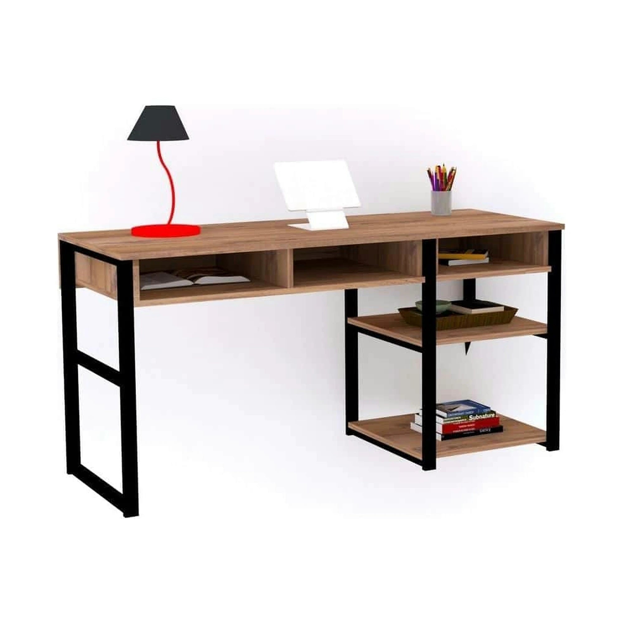 Birou EMRO, nuc inchis/negru, PAL melaminat/metal, 150x58x76 cm