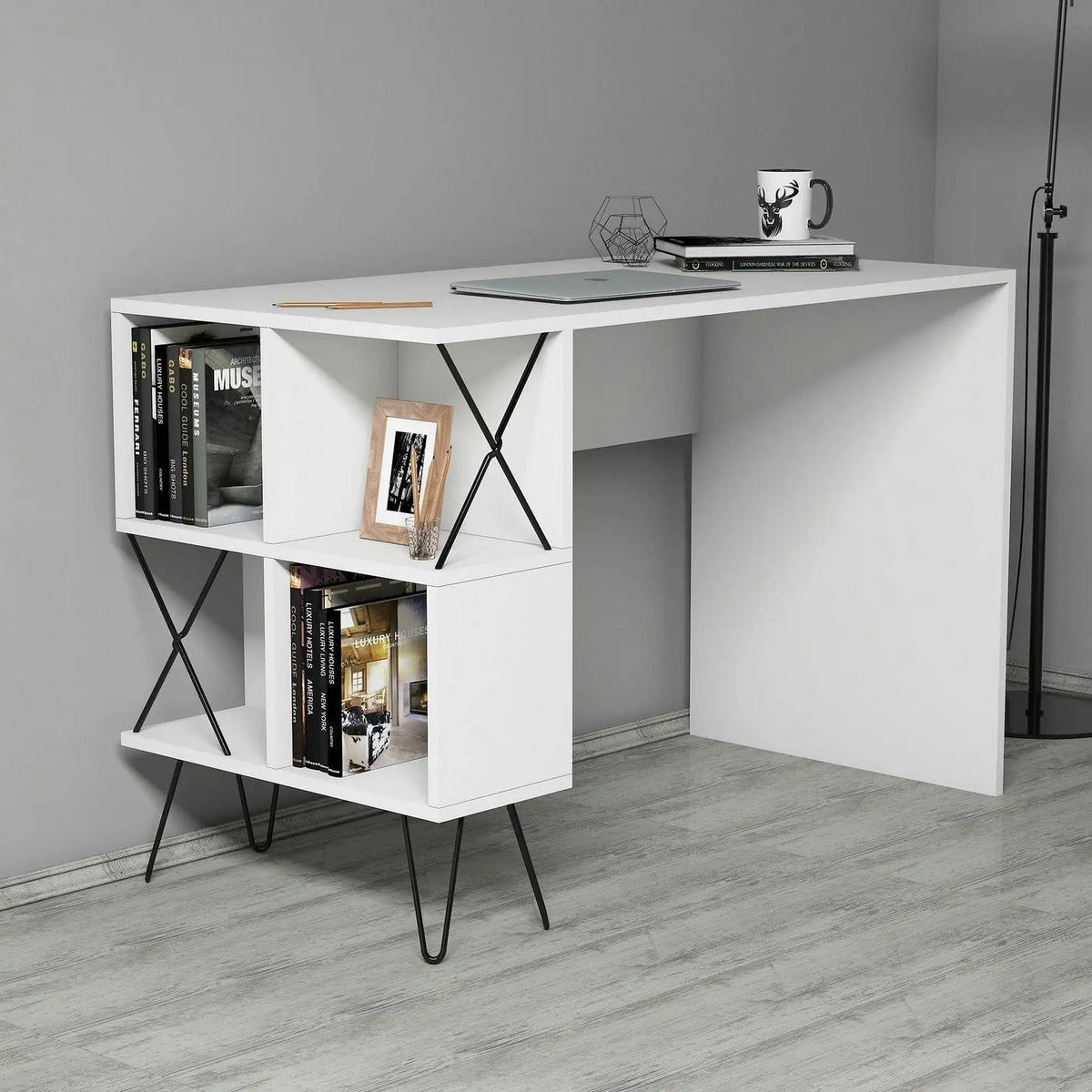 Birou EXTRA, alb/negru, PAL melaminat/metal, 120x60x79 cm
