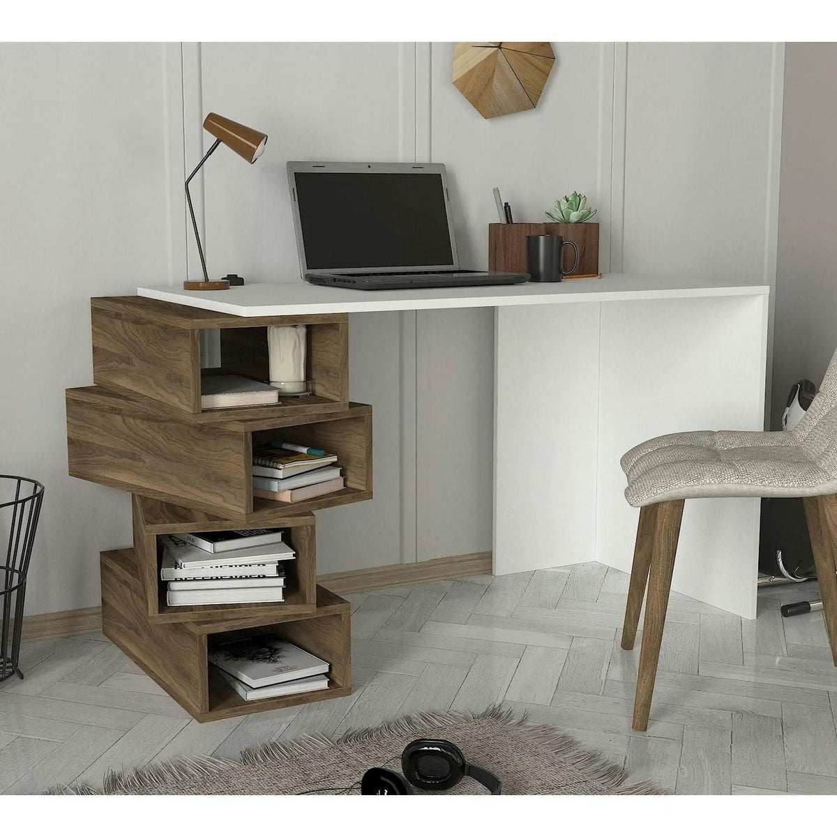 Birou JENGA, nuc/alb, PAL melaminat, 130x60x75 cm