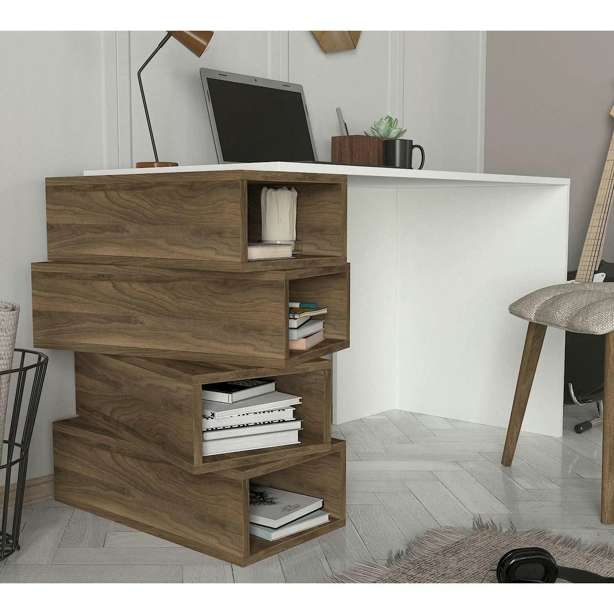 Birou JENGA, nuc/alb, PAL melaminat, 130x60x75 cm