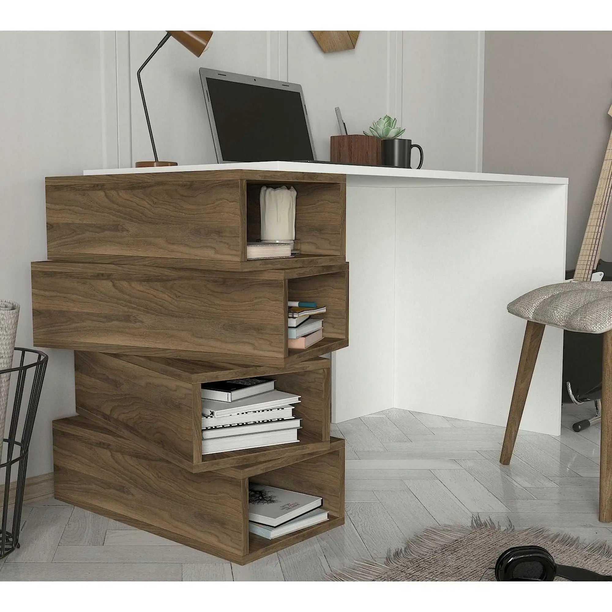 Birou JENGA, nuc/alb, PAL melaminat, 130x60x75 cm