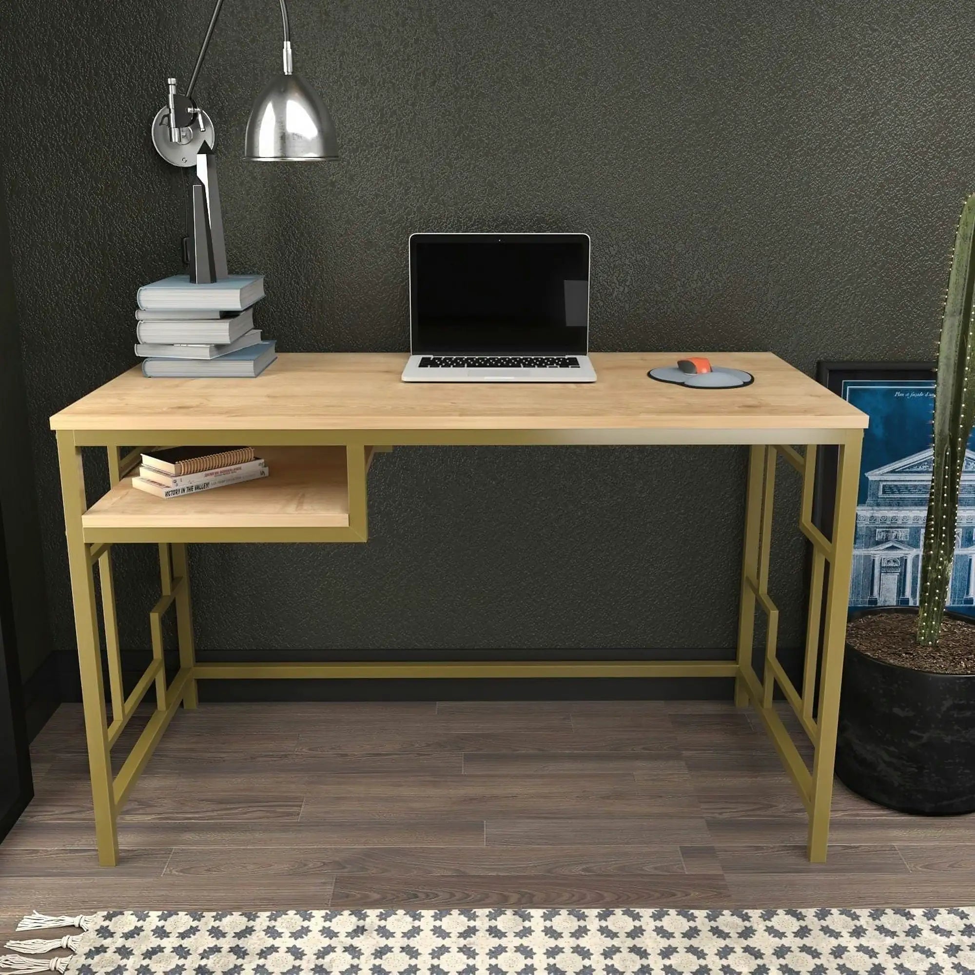 Birou KENNESAW, stejar/auriu, PAL melaminat/metal, 120x60x75 cm