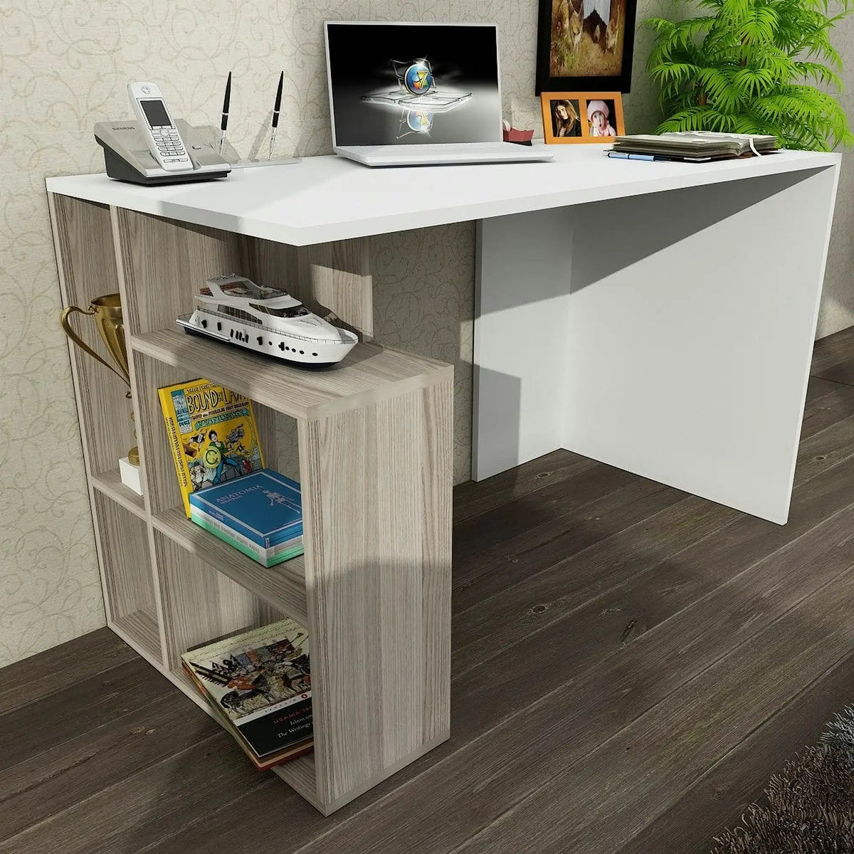 Birou LABRAN, alb/stejar, PAL melaminat, 120x60x74 cm